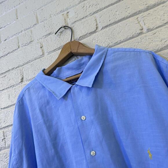 Ralph Lauren Shirt Men 5XB Blue Button Down Blake Short Sleeve Blue‎ Pony Linen - Picture 1 of 4